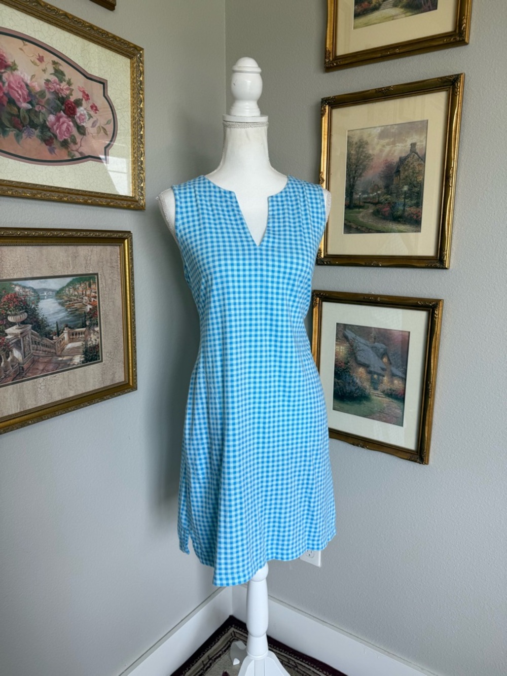 Land's End 100% Cotton Blue Gingham Sleeveless Shift Dress